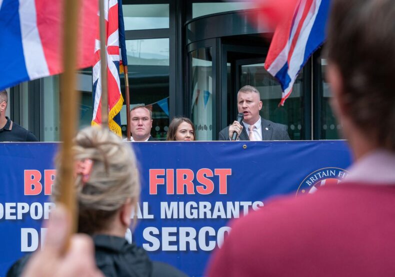 Britain First leader Paul Golding addresses a Britain First demo