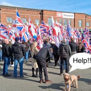 The sum total of Britain First’s Nuneaton gathering… with one reluctant canine attendee.