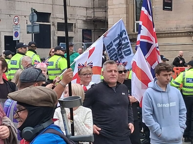 UKIP CHairman Ben Walker with demonstrators, Liverpool August 2025